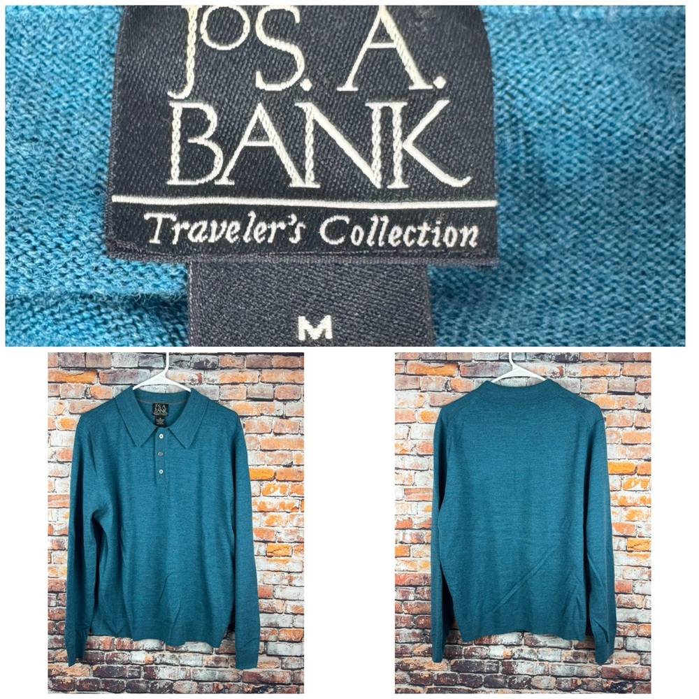 Jos A Bank Traverler's Collection Knit Polo Shirt Merino Wool Medium Green